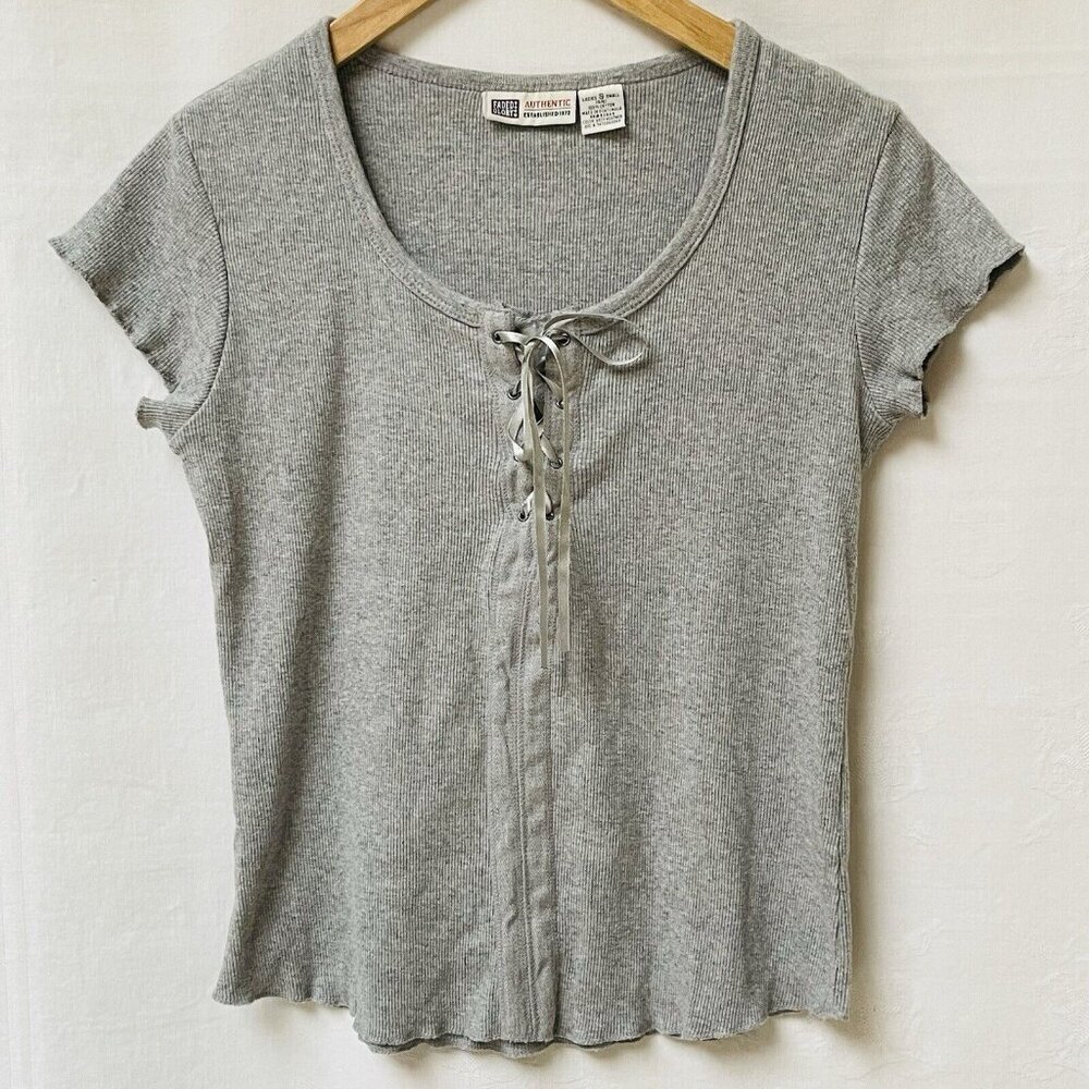 Faded Glory Blouse Women's Small Gray Short Sleeve Ribbed‎ Front Tie Y2K Ribbon